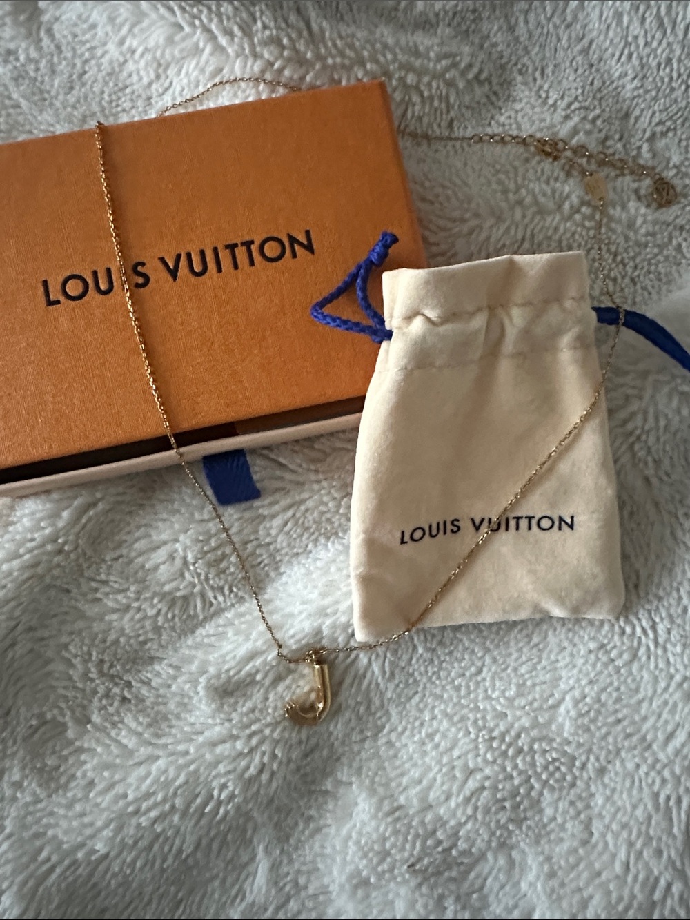 Louis Vuitton Gold Initial 'J' Pendant Necklace with Box and Pouch